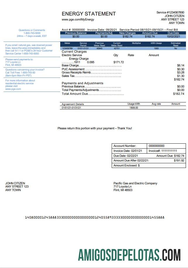 para download Modelo de conta de serviços públicos da PG&E (Pacific Gas And Electric Company) dos EUA, Califórnia, em formato Word e PDF, versão 2